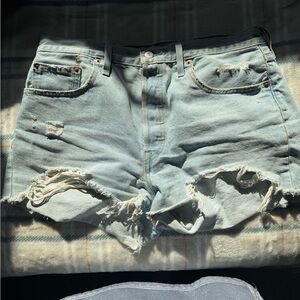 Distressed Light Blue Denim Shorts